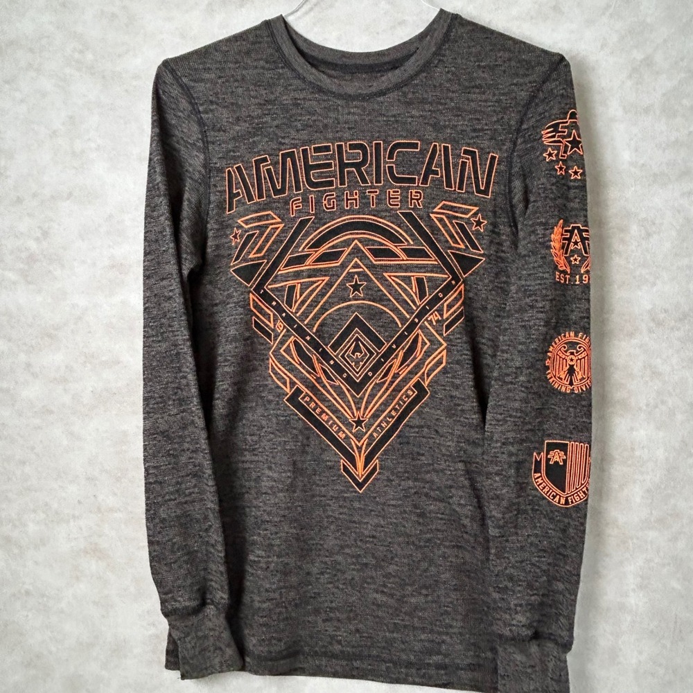 American Fighter Mens Grey Orange Graphic Long Sleeve Thermal Shirt Medium M